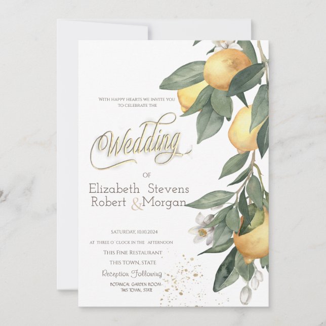 Invitation Aquarelle Lemons Vert Plaid Mariage (Devant)