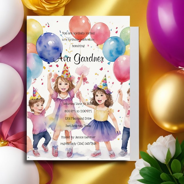 Invitation Aquarelle Les enfants célèbrent l'anniversaire (Créateur téléchargé)