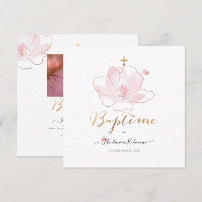 Invitation Aquarelle Les Fluers Faire partie de Baptême (Devant / Derrière)