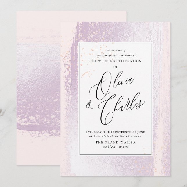 Invitation Aquarelle Lilac brillante, Blush+Faux Metallic (Devant / Derrière)