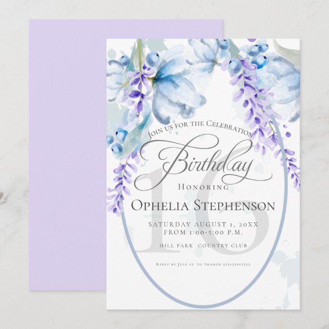 Invitation Aquarelle Lilac-Dusty Bleu Jalon Anniversaire (Devant / Derrière)