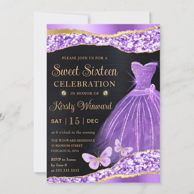 Invitation Aquarelle Lilac Gold Parties scintillant Robe Swee (Devant)