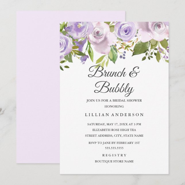 Invitation Aquarelle Lilac Purple Brunch Floral Et Bubbly (Devant / Derrière)