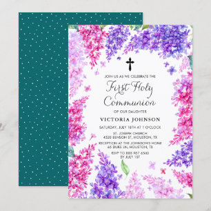 Invitation Aquarelle Lilac Wreath Première communion sainte