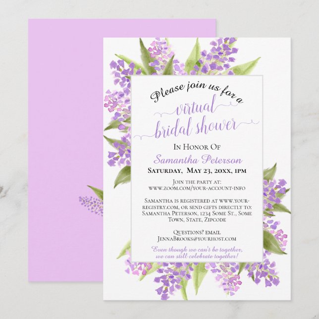 Invitation Aquarelle Lilacs Floral Fête des mariées virtuelle (Devant / Derrière)