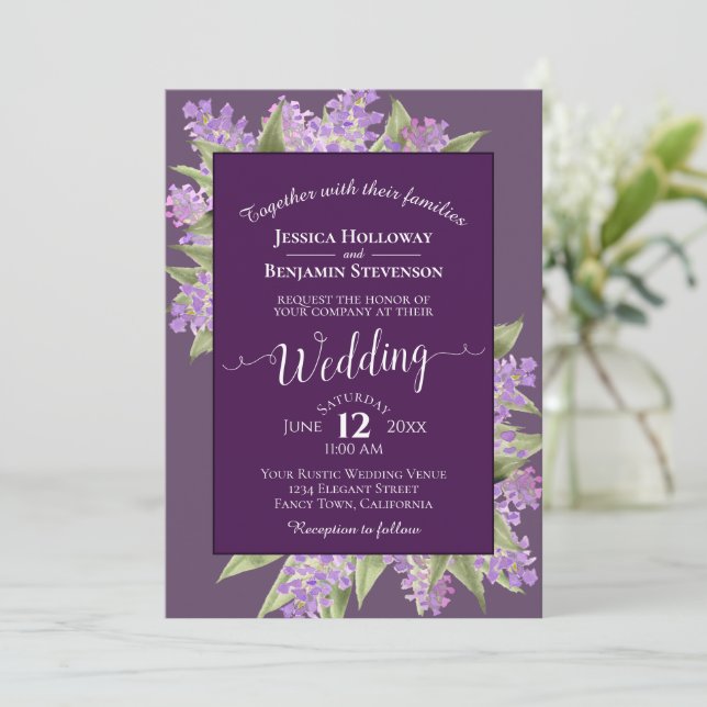 Invitation Aquarelle Lilacs Plum Purple Boho Mariage (Debout devant)