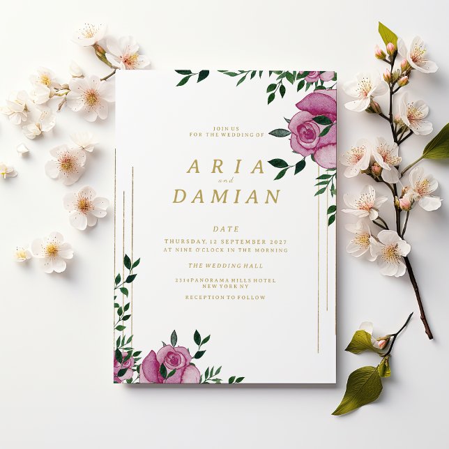 Invitation Aquarelle lilas vert or Mariage floral (Watercolor lilac green gold floral Wedding )