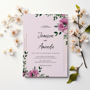 Invitation Aquarelle lilas vert or rose Mariage floral