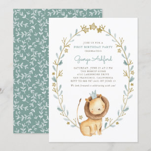 Invitation Aquarelle Lion Prince Première fête d'anniversaire