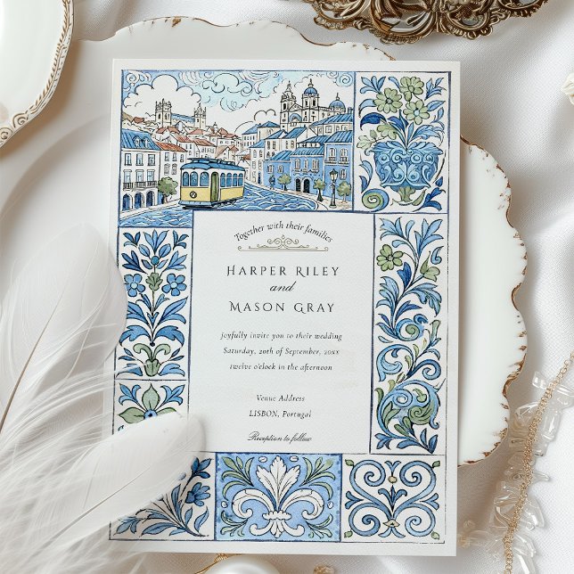 Invitation Aquarelle Lisbonne Peint à la main Azulejos Mariag (Créateur téléchargé)