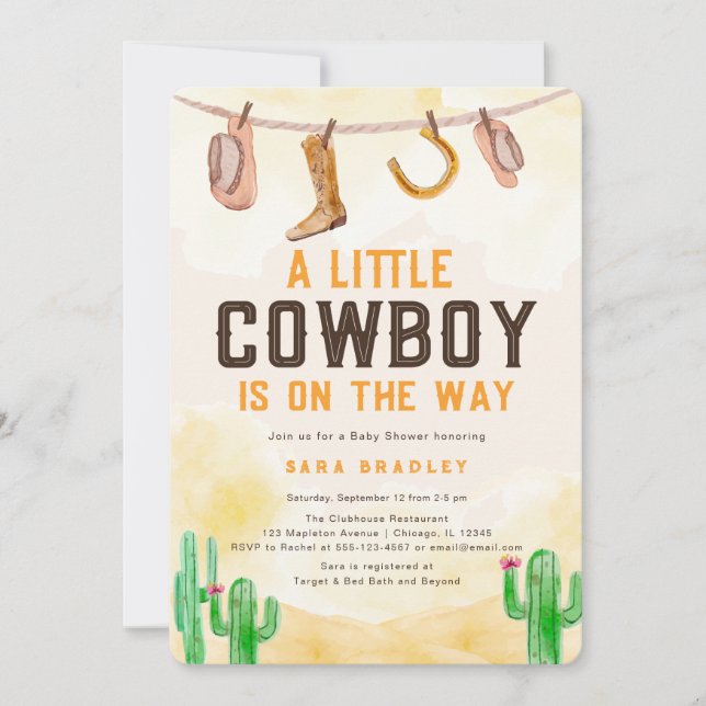 Invitation Aquarelle Little Cowboy Baby shower occidental (Devant)
