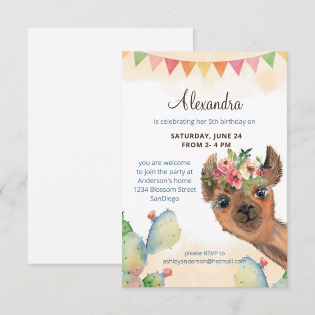 Invitation Aquarelle Llama Anniversaire (Devant / Derrière)