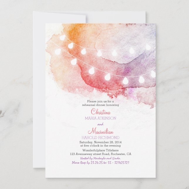 Invitation aquarelle lumières à cordes élégant dîner de répét (Devant)