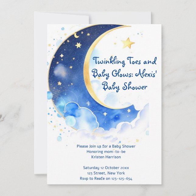 Invitation Aquarelle Lune céleste et Baby shower des étoiles (Devant)