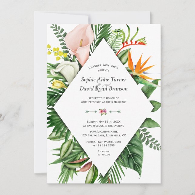 Invitation Aquarelle luxuriante Fleurs tropicales Mariage Feu (Devant)