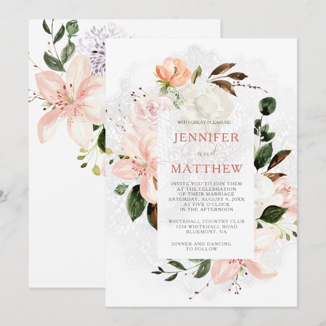 Invitation Aquarelle Lys, Roses, Peonies, Magnolias (Devant / Derrière)