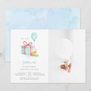 Invitation Aquarelle Macarons bébé garçon fête d'anniversaire