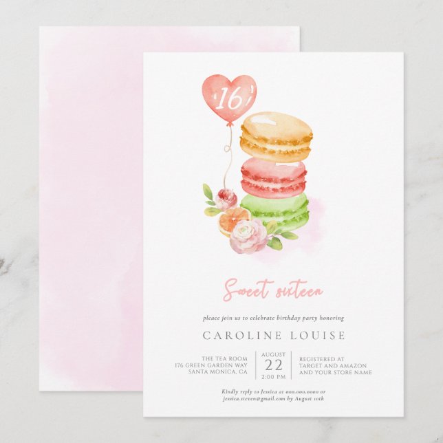 Invitation Aquarelle Macarons Sweet sixteen fête d'anniversai (Devant / Derrière)