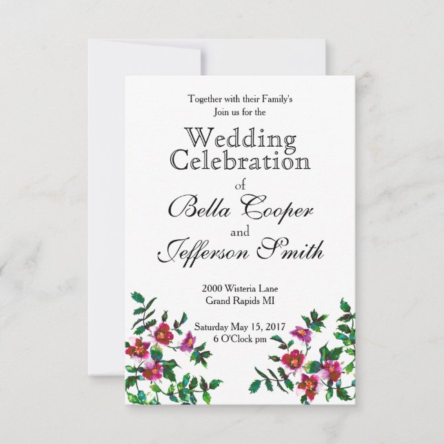 Invitation Aquarelle magenta rose vintage roses (Devant)