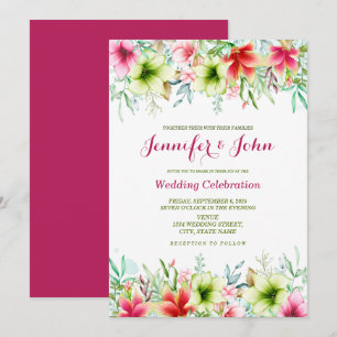 Invitation Aquarelle Magenta Rouge Amaryllis Mariage Floral