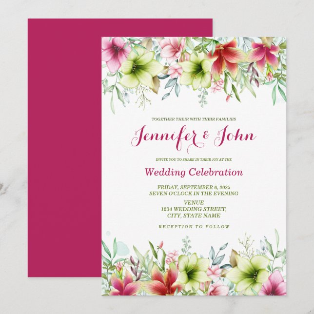Invitation Aquarelle Magenta Rouge Amaryllis Mariage Floral (Devant / Derrière)