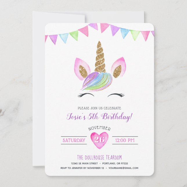 Invitation Aquarelle magique arc-en-ciel Unicorn Anniversaire (Devant)