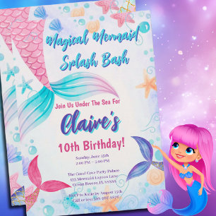 Invitation Aquarelle Magique de sirène Queue Anniversaire