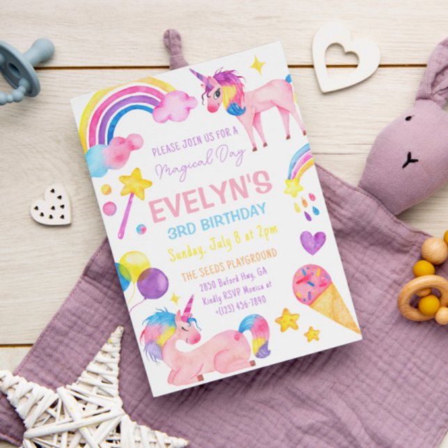 Invitation Aquarelle magique mignonne Unicorn Anniversaire fi (Créateur téléchargé)