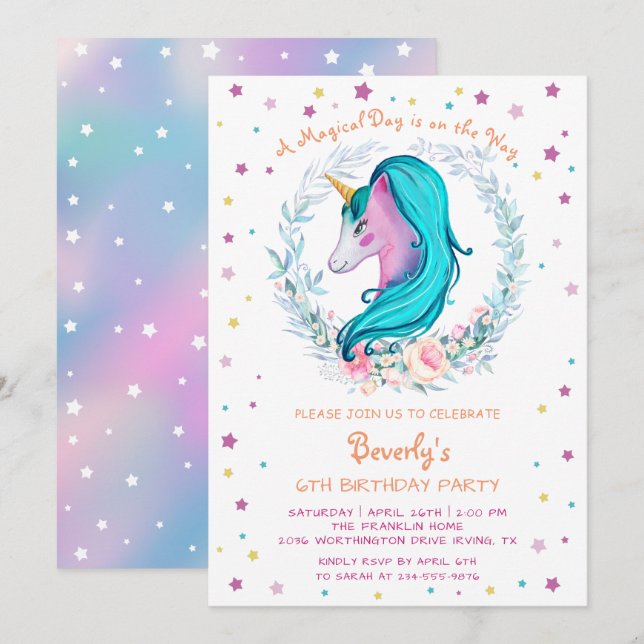 Invitation Aquarelle magique Unicorne Floral Anniversaire (Devant / Derrière)