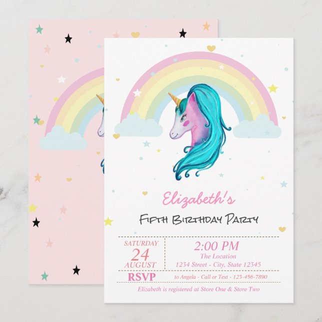 Invitation Aquarelle Magique Unicorne Rainbow Stars Anniversa (Devant / Derrière)