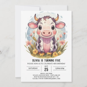 Invitation Aquarelle Magique Vache de ferme Anniversaire