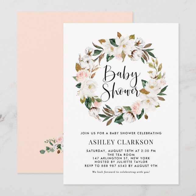 Invitation Aquarelle Magnolia Baby shower de couronne de coto (Devant / Derrière)
