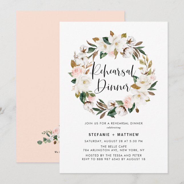 Invitation Aquarelle Magnolia Coton Wreath Dîner de répétitio (Devant / Derrière)
