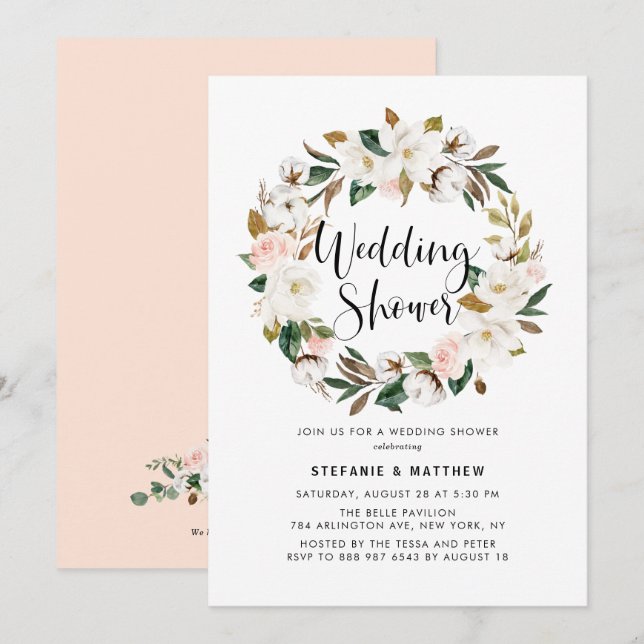 Invitation Aquarelle Magnolia Cotton Wedding shower de couron (Devant / Derrière)