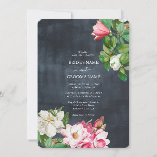 Invitation Aquarelle Magnolia Fleurs Mariage Noir Blanc
