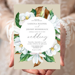 Invitation Aquarelle Magnolia Floral Cercle Mariage beige