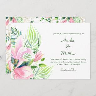 Invitation Aquarelle Magnolia Flower en Mariage rose