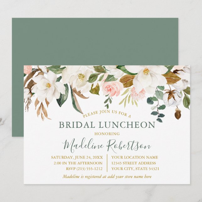 Invitation Aquarelle Magnolia Rose Déjeuner nuptiale Sage Gre (Devant / Derrière)