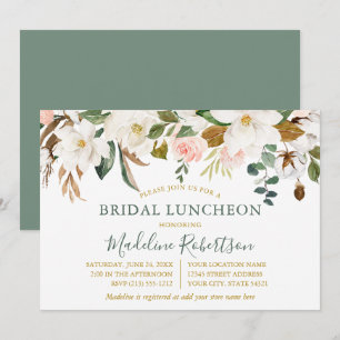 Invitation Aquarelle Magnolia Rose Déjeuner nuptiale Sage Gre