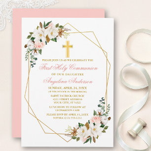 Invitation Aquarelle Magnolia Rose Geo Frame Communion