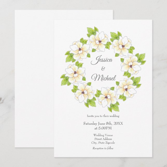 Invitation Aquarelle Magnolia Wreath (Devant / Derrière)