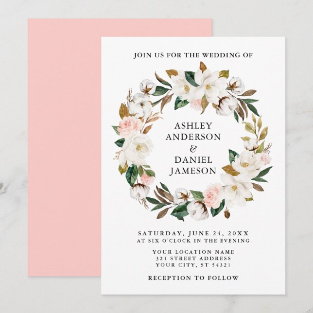 Invitation Aquarelle Magnolias blancs Roses roses roses (Devant / Derrière)