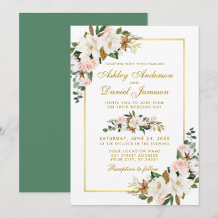 Invitation Aquarelle Magnolias Rose Floral Mariage or