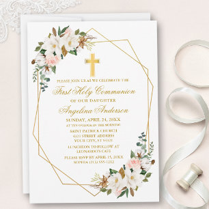 Invitation Aquarelle Magnolias Rose Geo Frame Communion