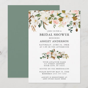 Invitation Aquarelle Magnolias Rose Sage Douche verte