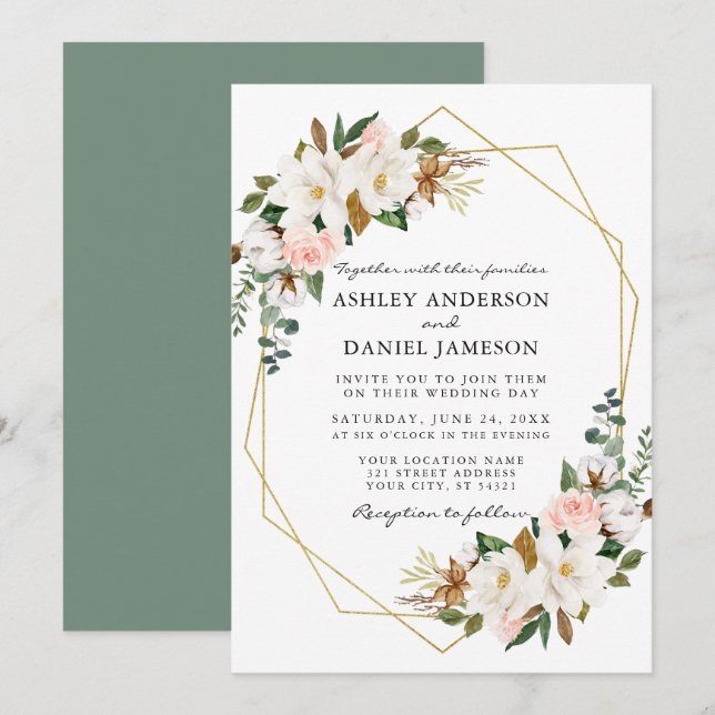 Invitation Aquarelle Magnolias Roses Geo Mariage Sage Green (Devant / Derrière)