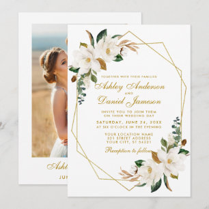Invitation Aquarelle Magnolias Verdure Mariage photo or