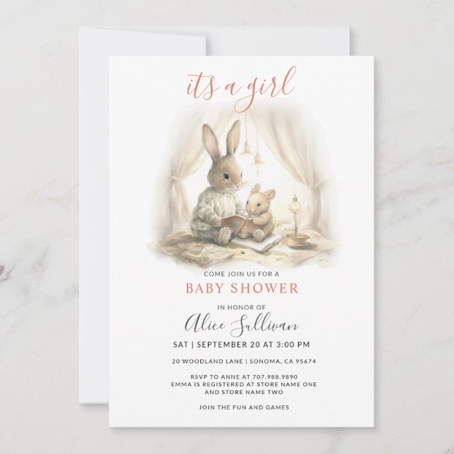 Invitation Aquarelle Maman Bébé Lapin lapins Fille Baby showe (Devant)