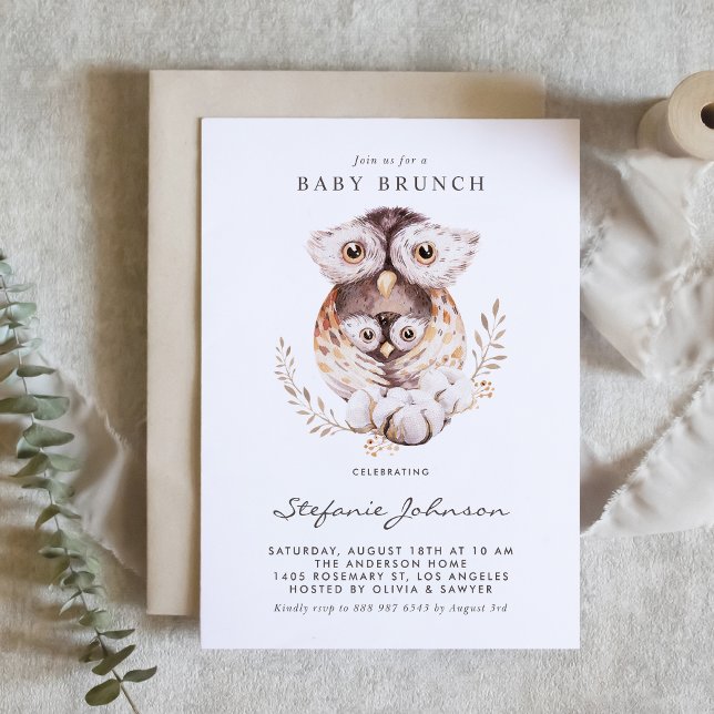 Invitation Aquarelle Maman et Baby Owl Fall Baby Brunch (Woodland theme baby brunch invitation featuring watercolor mommy and baby owl illustration.)