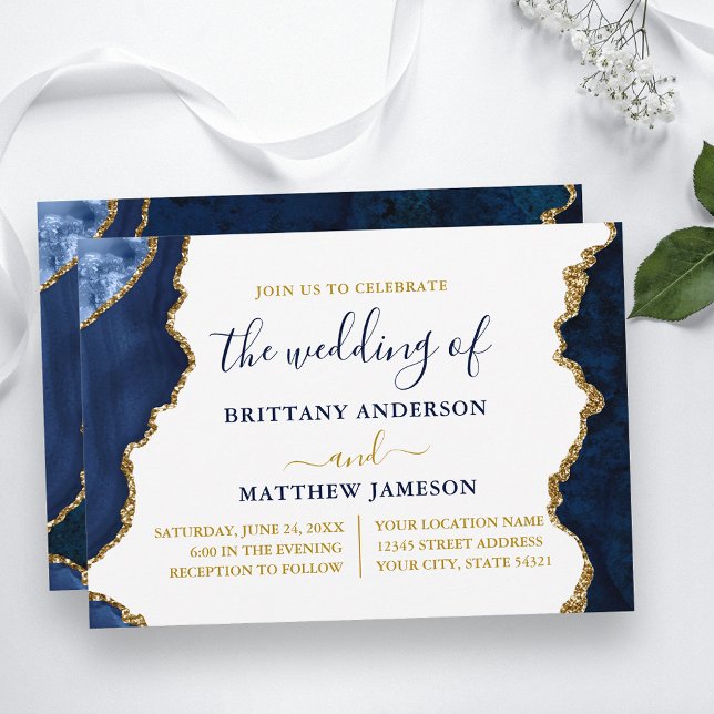 Invitation Aquarelle Marbre bleu et Mariage or (Customize to change text size, color, text style or to add more text to back of card.)